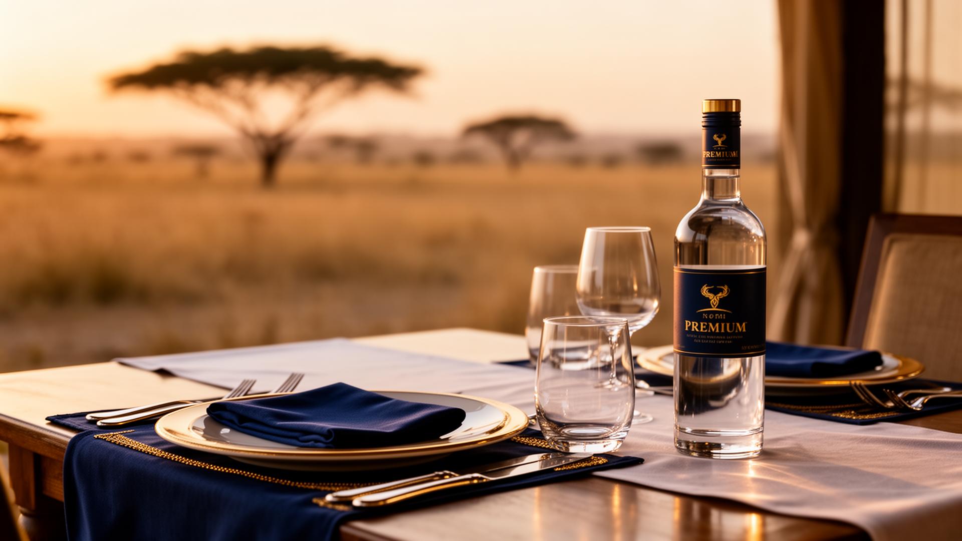 Luxury safari lodge dining table at golden hour with branded bottled water