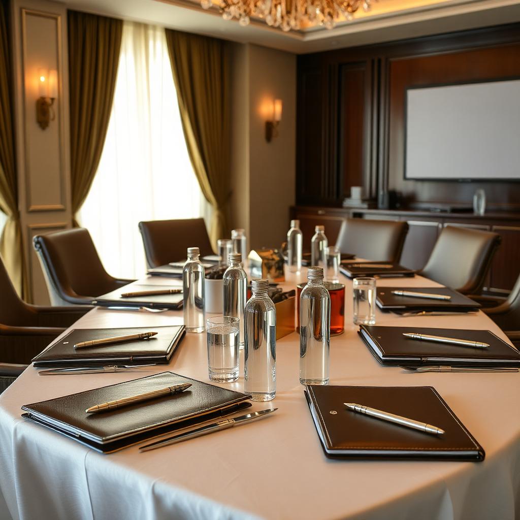 Conference table setup with branded supplies